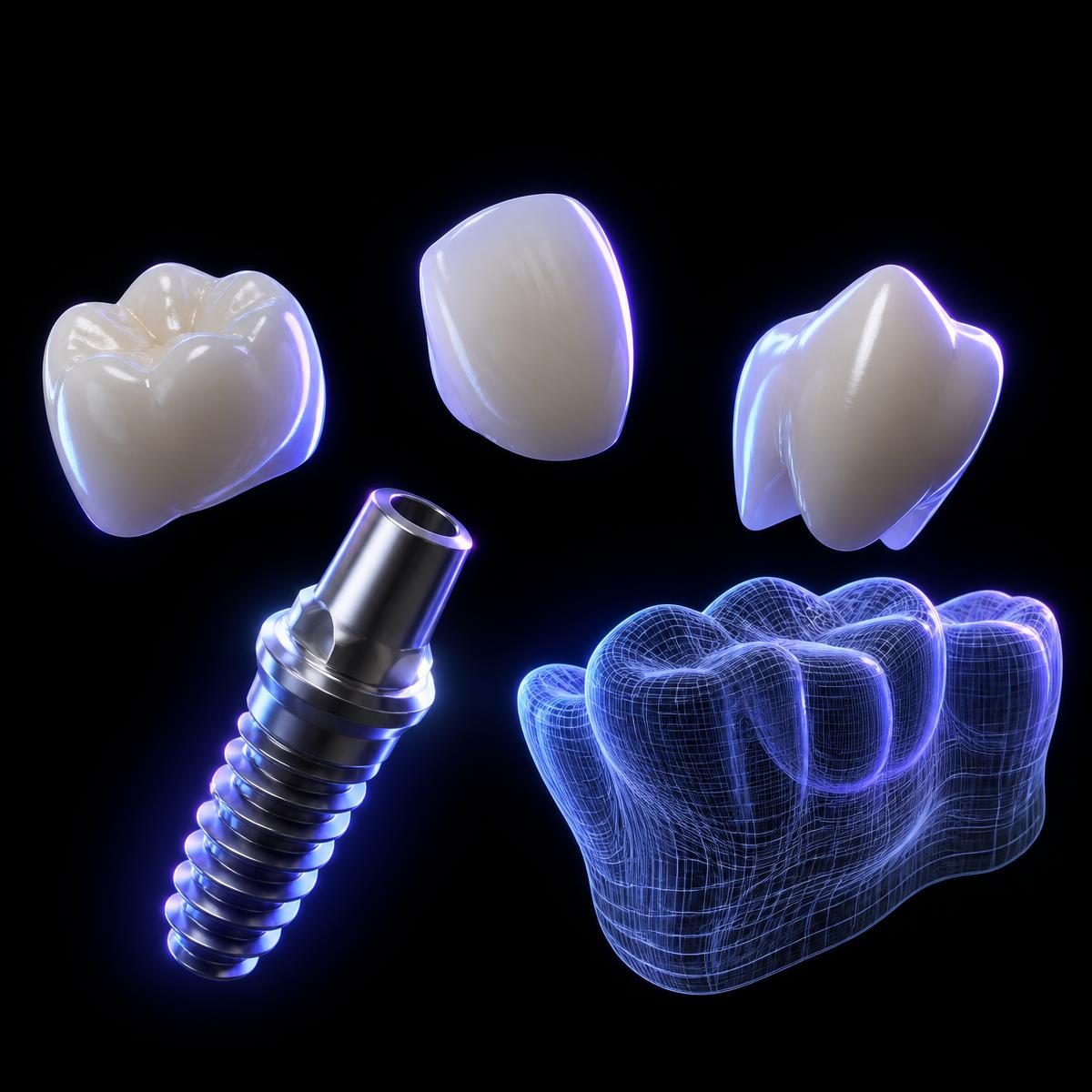 Coronas de zirconia, implante de titanio y modelo dental digital 3D